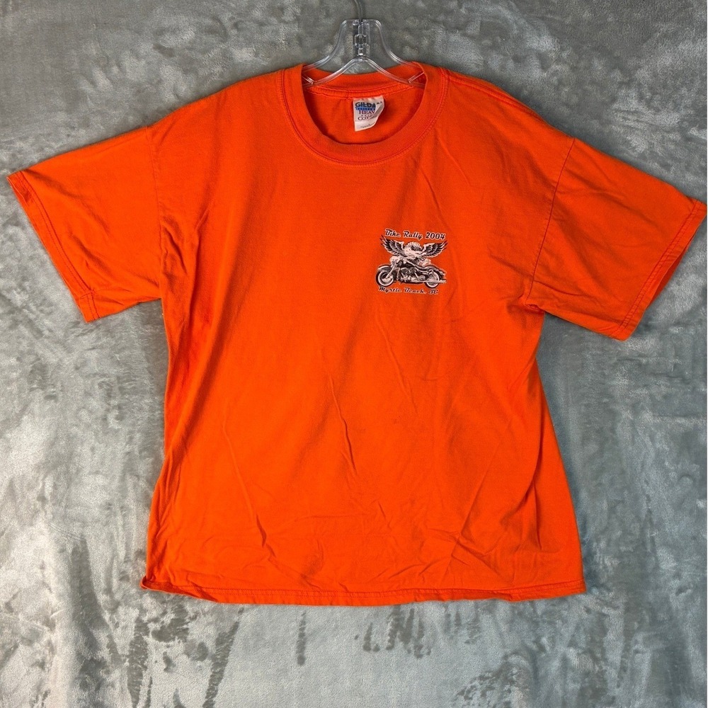 Gildan Bike Rally 2004 Myrtle Beach SC Orange Graphic T-Shirt Mens L 100 Cotton